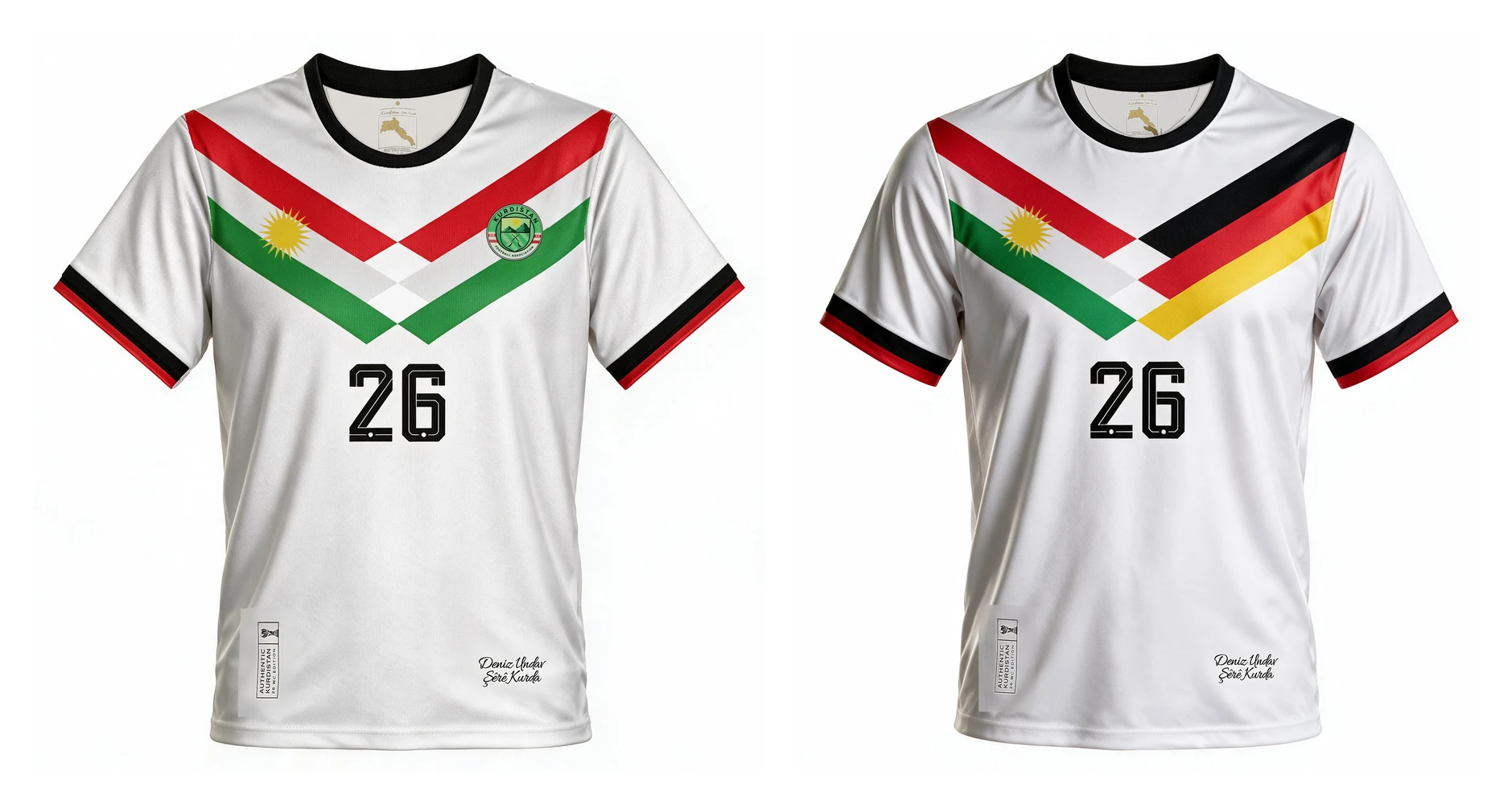 Visualisierung der beiden Deniz Undav Trikots nebeneinander: Kit 1 Kurdistan Edition mit dem Chevron in Rot, Weiß und Grün, Kit 2 Germany Kurdistan Edition mit Schwarz, Rot und Gold rechts