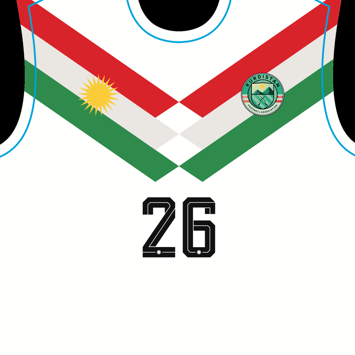 Brust der Druckvorlage der Deniz Undav Kurdistan Edition: die Sonne mit 21 Strahlen, der Chevron, das Kurdistan-Emblem und die Nummer 26