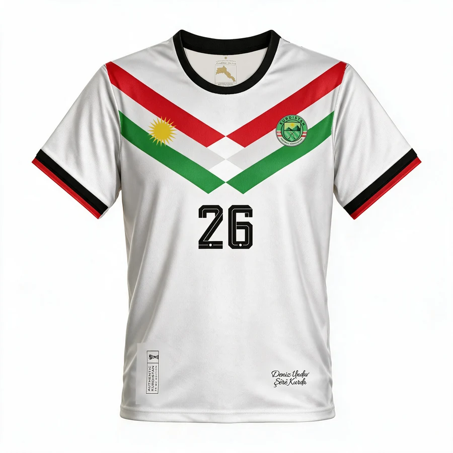 Visualisierung der Deniz Undav Kurdistan Edition, Kit 1, Vorderseite: weißes Trikot mit Chevron in Rot, Weiß und Grün, der Sonne und dem Kurdistan-Emblem