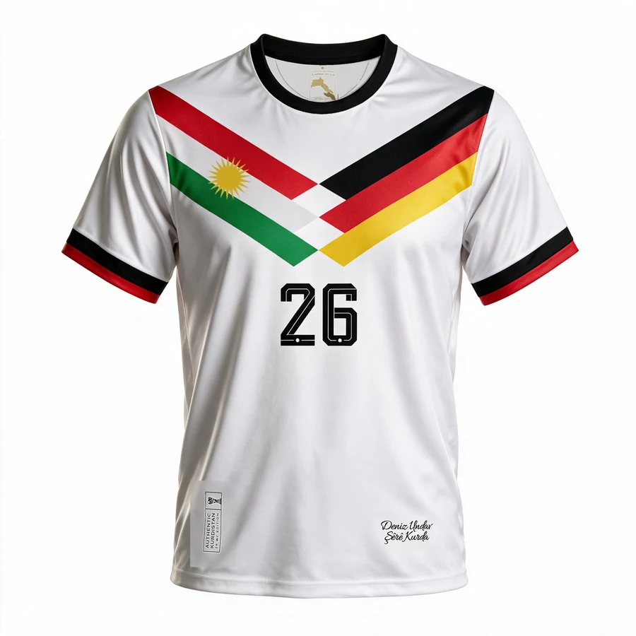 Visualisierung der Deniz Undav Germany Kurdistan Edition, Kit 2, Vorderseite: weißes Trikot, links Rot, Weiß und Grün, rechts Schwarz, Rot und Gold